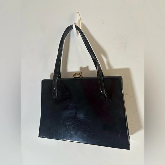 Garay‎ Black Patent Leather Vinyl Satchel Purse Vintage - Picture 1 of 14